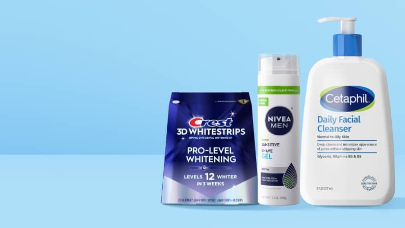 Blue banner featuring various grooming products with text: Fresh, clean essentials. Guys’ summer grooming. Shop now.
