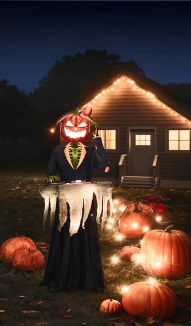 Animatronic pumpkin figure wearing a suit in front of a house at night with pumpkins on the lawn.