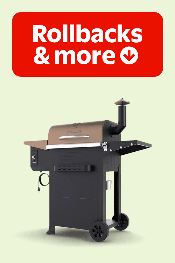 Image shows a bronze Z Grills wood pellet grill and smoker with wheels on a light green background.