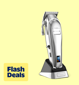 Image shows a silver Oneisall professional dog grooming clipper on a pale yellow background.