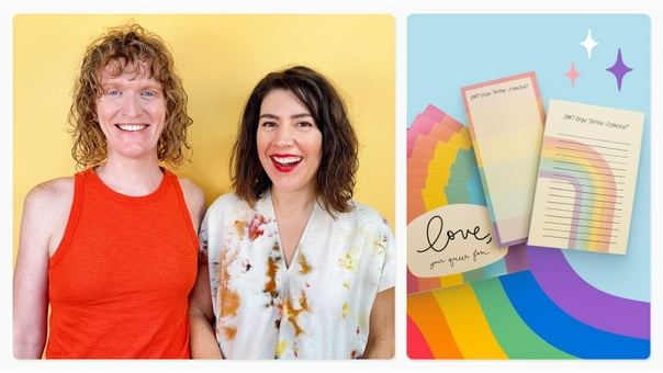 One image shows the founders smiling in front of a yellow background. Another shows rainbow striped greeting cards that say love, your queer friend and two types of stationery that say can���t even think straight with rainbow designs.����