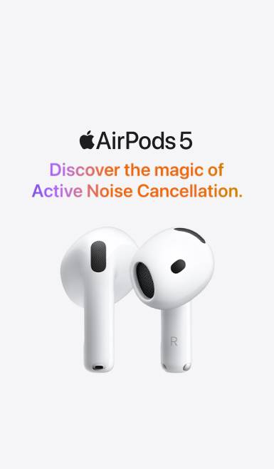 Apple AirPods 5 earbuds with text: Discover the magic of Active Noise Cancellation.
