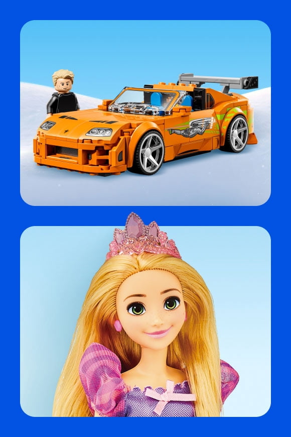 Toy race car with driver figure above a blonde princess doll in a jeweled crown and purple dress.