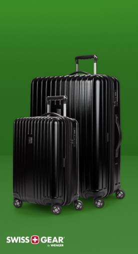 Two matching black hardcase suitcases beside the SWISSGEAR logo.