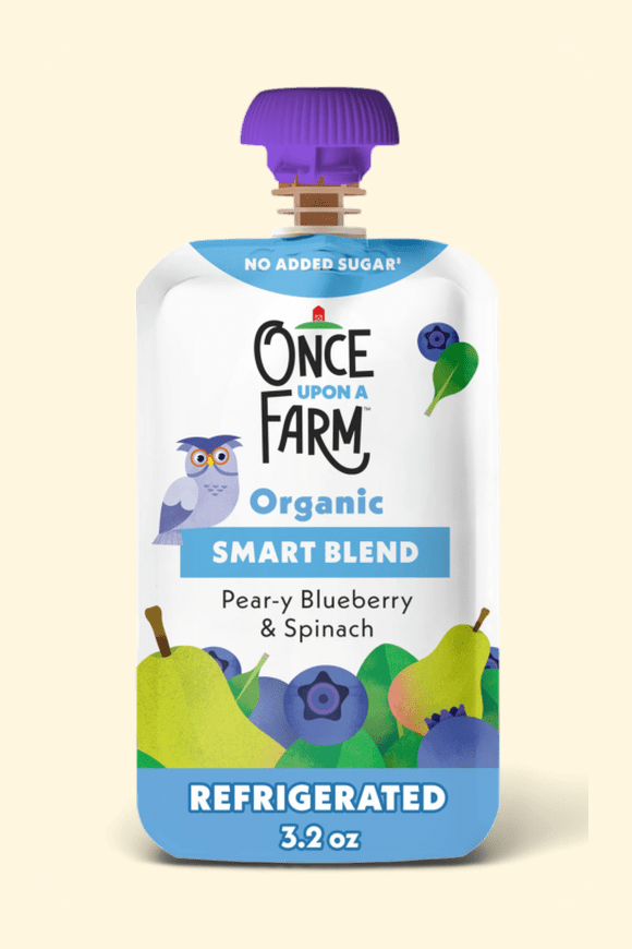 Image shows Once Upon a Farm Organic Refrigerated Baby Food Smart Blends Pear-y Blueberry & Spinach, 3.5oz Pouch