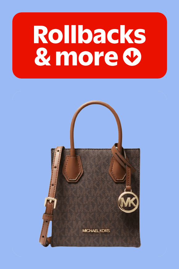 Image shows a brown Michael Kors Mercer extra-small logo and leather crossbody bag on a blue background with "Rollbacks & more" text.