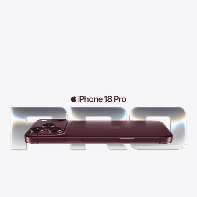 Apple iPhone 18 Pro smartphone in maroon shown in side profile over large metallic text: PRO.