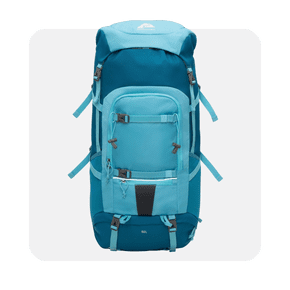 Image shows a blue and light blue fifty-liter Ozark Trail adult polyester hiking backpack with multiple pockets on a light gray background.