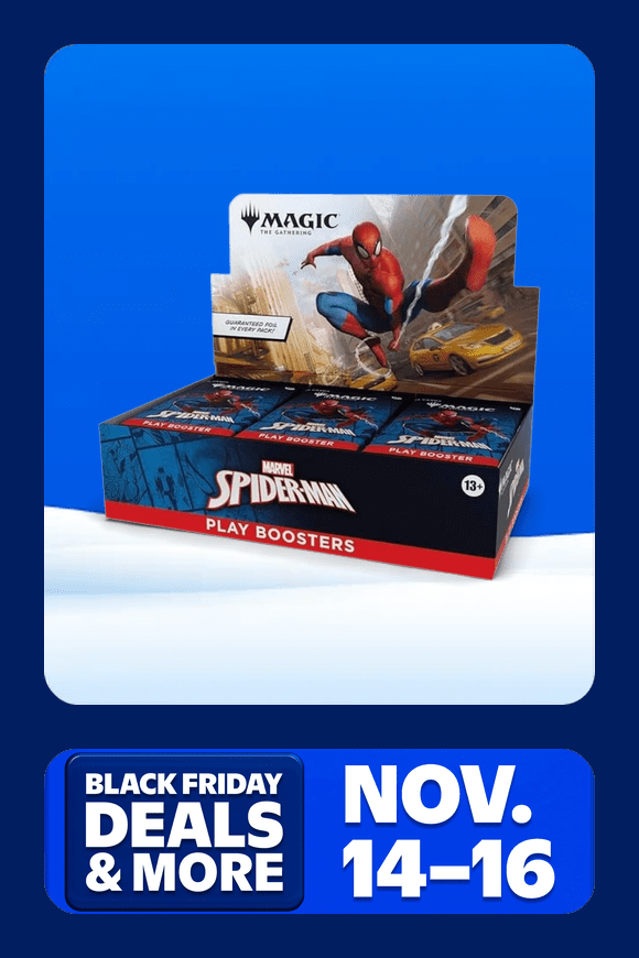 Image shows a colorful Magic: The Gathering Marvel's Spiderman Play Booster Box on a gradient blue background.