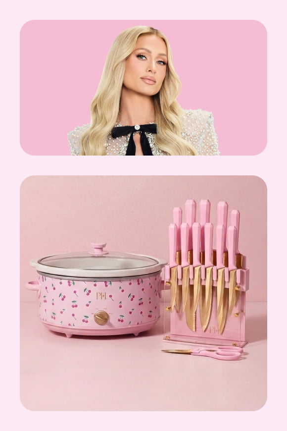 Paris Hilton above a pink patterned slow cooker and matching pink knife block set with gold blades.
