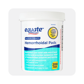 Container of Equate Maximum Strength Hemorrhoidal Pads, containing 200 medicated pads with witch hazel. The white tub features blue and teal labeling 