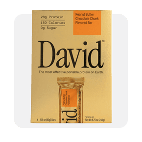 Beige box of David High Protein Bars, Peanut Butter Chocolate Chunk flavor, with twenty-eight grams of protein, one hundred fifty calories, and zero s