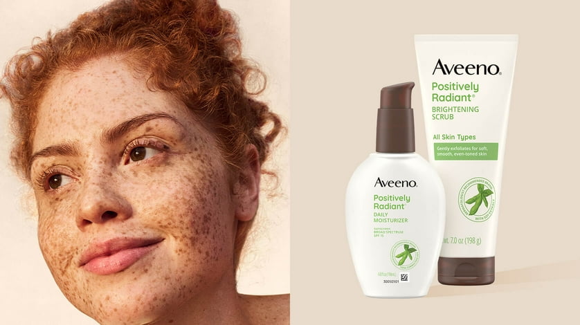Photo of a model's face next to Aveeno Positively Radiant brightening scrub and moisturizer.