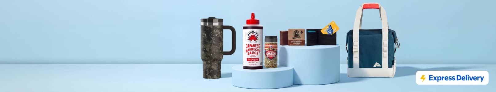 Insulated cup, Japanese barbecue sauce, spice, wallet, cooler. Badge reads: Express Delivery.