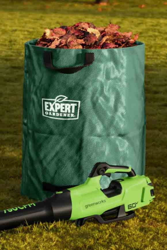 Expert Gardener yard bag filled with leaves beside a Greenworks leaf blower on grass.