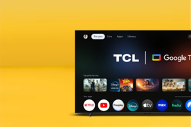 Image shows a black TCL ninety-eight-inch Google TV displaying apps on a yellow background.