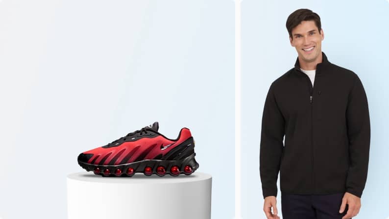 A Nike sneaker is on white riser. A man wearing a Chaps quarter zip is standing.