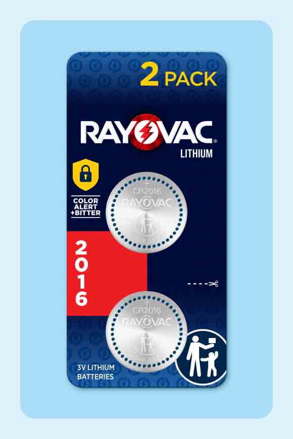 Rayovac Lithium button batteries two pack, size two thousand sixteen, with color alert bitter coating and child safety icon.