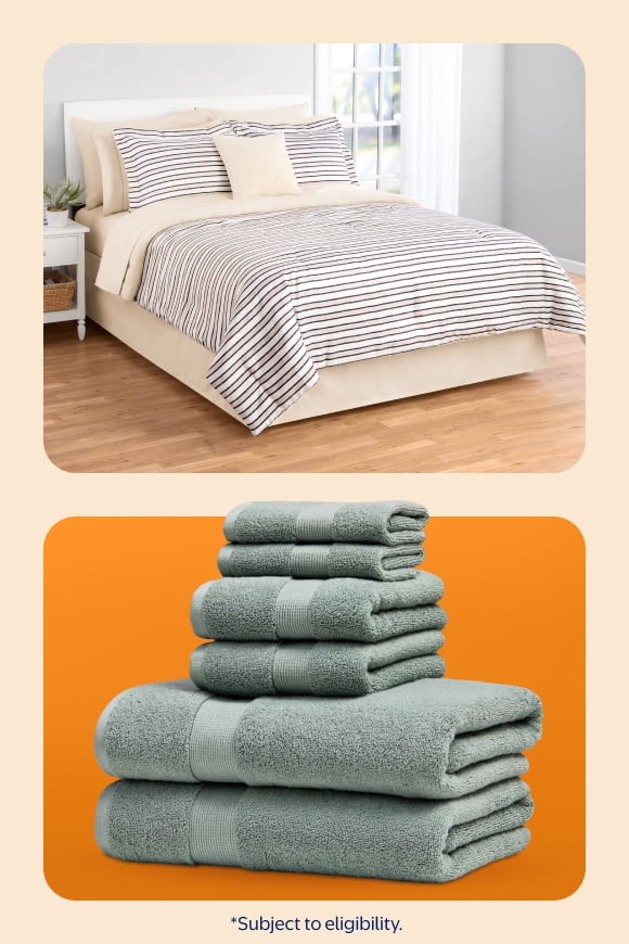 Subject to eligibility. Striped bed set above a stack of folded bath towels.