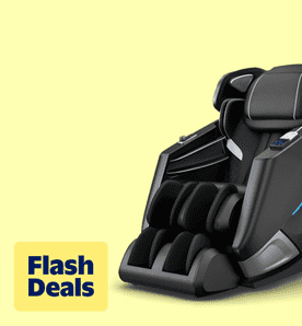 Image shows a black Upgo 4D massage chair with a sleek design on a light yellow background.