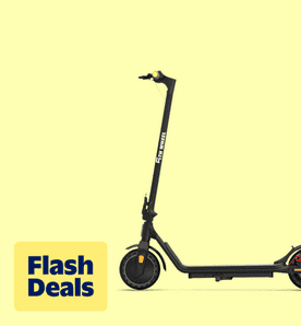 Image shows a black and gray fifth Wheel electric scooter with red accents on a yellow background.
