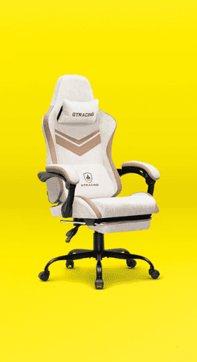 Image shows a cream and brown GTRACING ergonomic gaming chair on a bright yellow background.