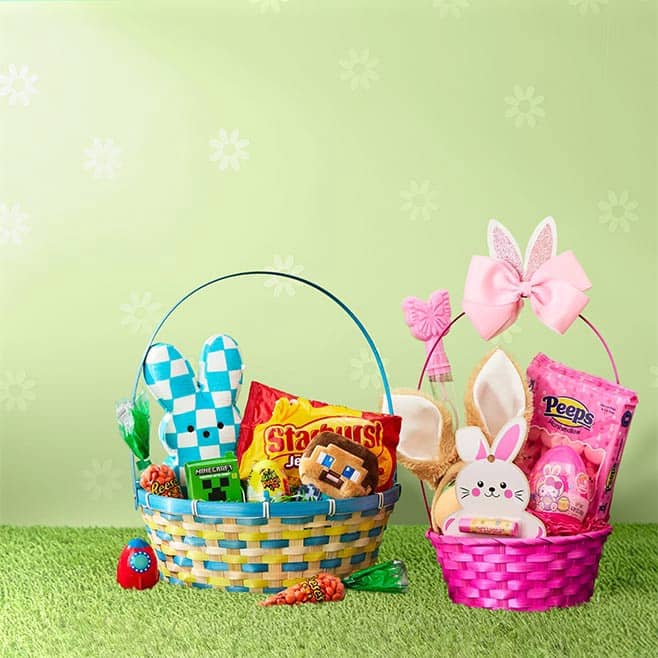 Two Easter baskets are filled with plushies, gifts and candy. The two baskets are on a grassy landscape with a green background.