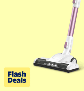 Image shows a sleek pink and white Moosoo cordless vacuum cleaner on a pale yellow background.