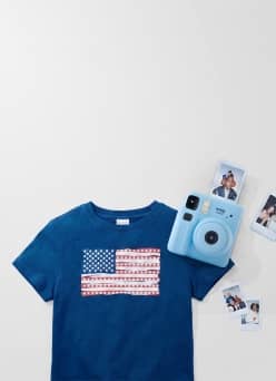 T-shirt, hat, camera and photos.