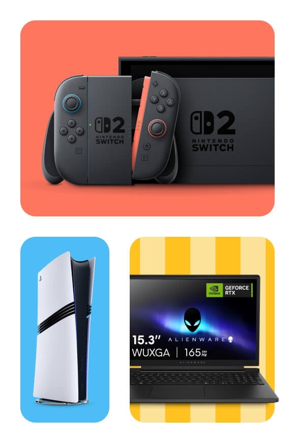 A Nintendo Switch 2 game, a PlayStation 5 console and an Alienware Aurora 16" WQXGA 120Hz gaming laptop.