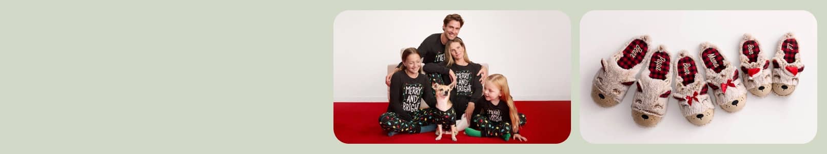 A family of four and a dog wearing matching Christmas pajamas are pictured and three pairs of reindeer slippers are pictured.