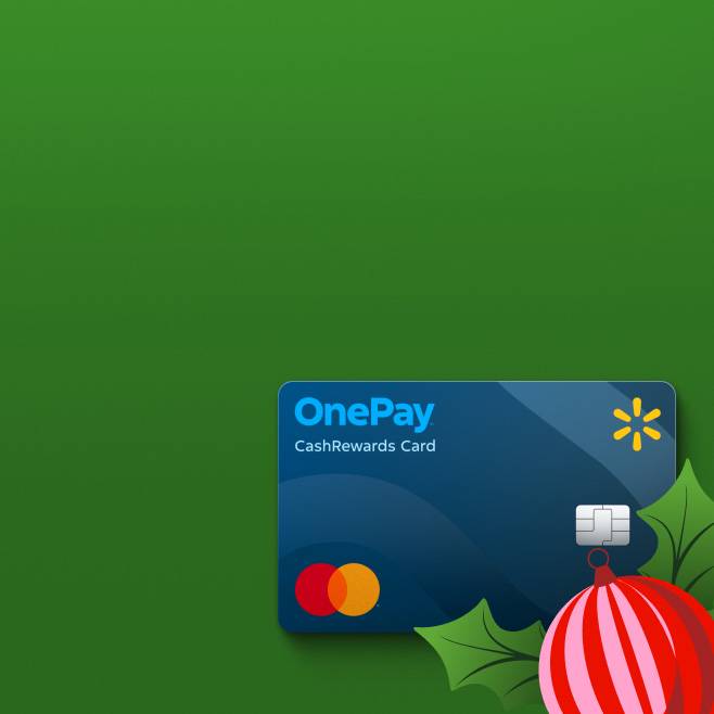 An image of a blue credit card with the orange MasterCard and yellow Walmart logos. Illustrated leaves and a red ornament are on the green background.