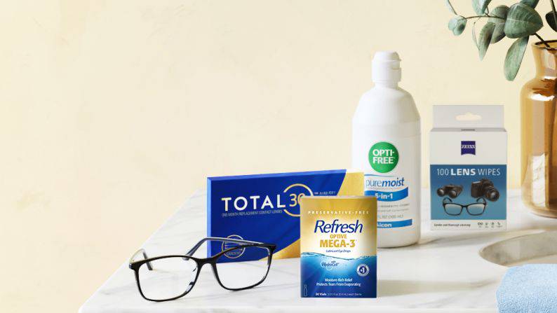 Vision care products including Opti-Free Puremoist, Refresh eye drops, Total30 contacts, ZEISS lens wipes, and eyeglasses.