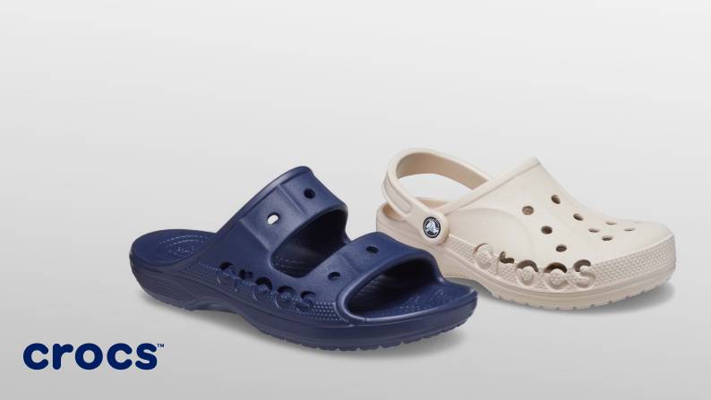 Navy blue two-strap slide sandals next to a classic beige clog with an adjustable heel strap. Crocs logo.