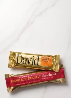 Barebells peanut butter and jelly protein bar and David protein bar.