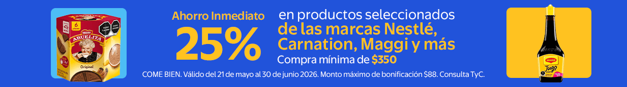 Ahorro inmediato de 25% en la compra mínima de $350 en productos seleccionados de las marcas Nestlé, Carnation, Maggi y más del 21 de mayo al 30 Junio.Monto máximo de bonificación $88