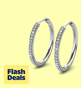 Image shows silver Cate & Chloe hoop earrings with Swarovski crystals on a light yellow background.