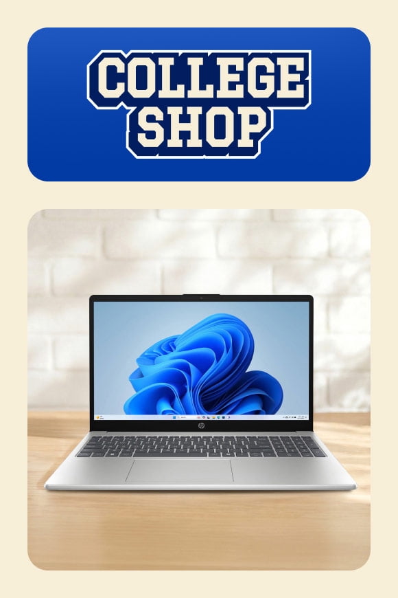 College Shop banner. An open HP laptop with a blue screensaver on a hardwood surface.