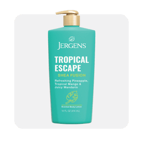 Image shows a turquoise bottle of Jergens Shea Fusion Tropical Escape scented body lotion with a gold pump, containing shea butter and vitamin E.