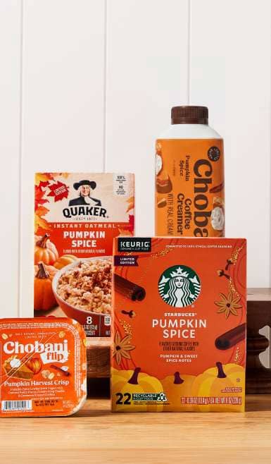 Quaker pumpkin spice instant oatmeal, Starbucks pumpkin spice K Cups, Chobani Flip pumpkin harvest crisp, and Chobani pumpkin spice coffee creamer.