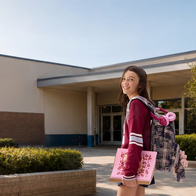 Tween wearing casual outfit standing outside school entrance with backpack, headphones and notebooks.