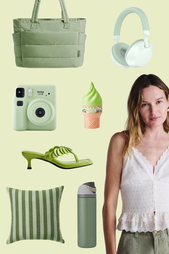 Matcha-inspired assortment featuring a tote bag, headphones, instant camera, sandals, tumbler, striped pillow, and summer apparel.