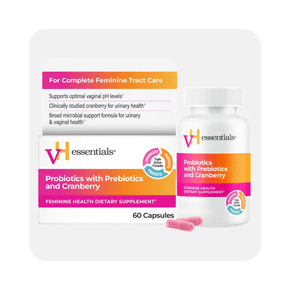 Image shows vH essentials probiotics with prebiotics and cranberry supplement, containing sixty capsules on a white backdrop with white background.