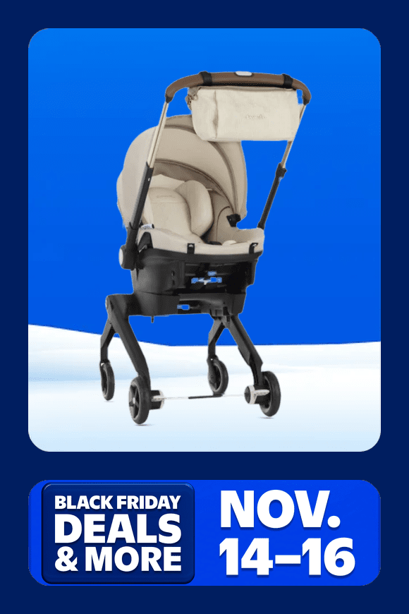Image shows a champagne Evenflo Shyft DualRide infant car seat stroller combo on a blue background.