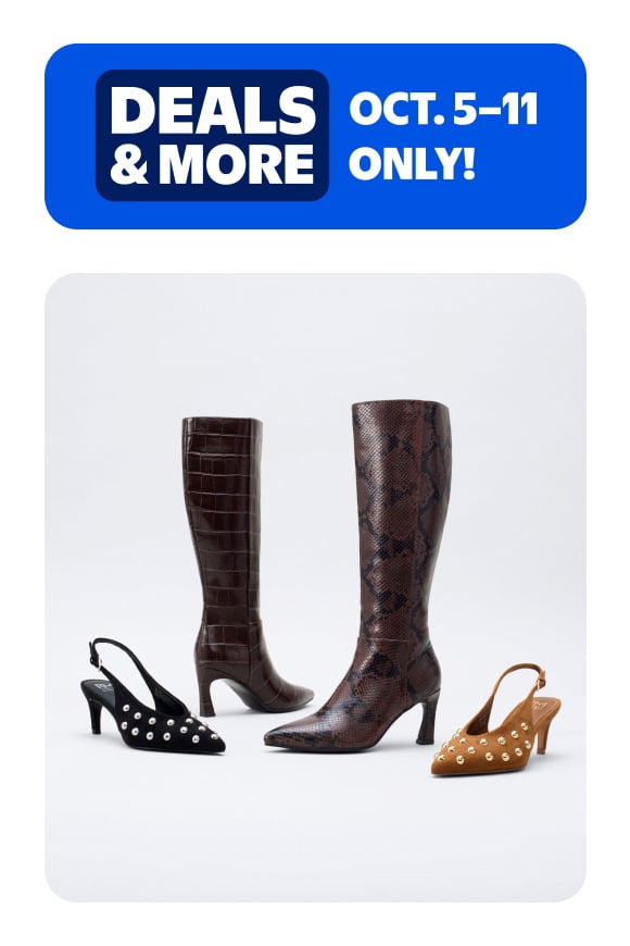 Deals and More badge. October five through eleven only. Two tall brown textured boots and two studded slingback heels in black and tan.