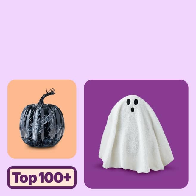 Badge reads: “Top one hundred plus.” Images show Halloween decor including a ghost figurine and black marble pumpkin.