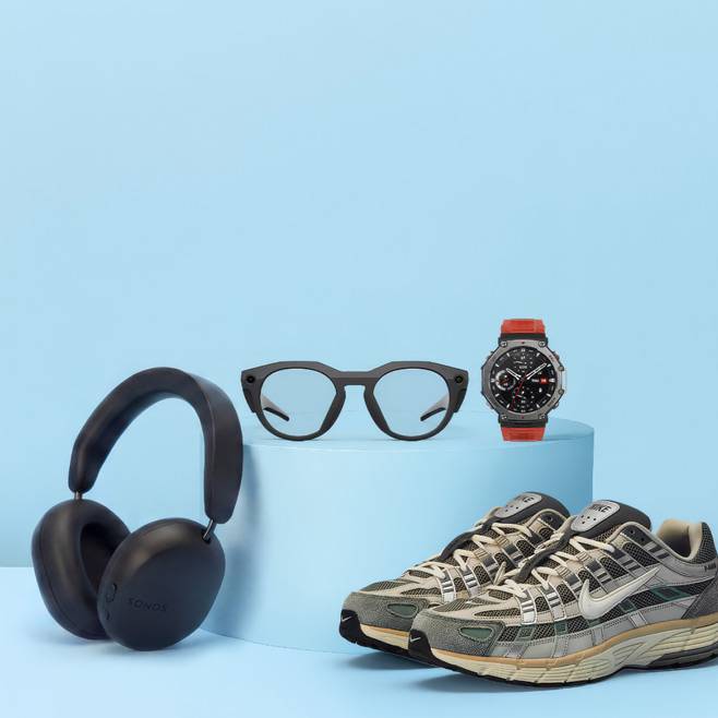 Nike sneakers, Meta smart glasses, Sonos headphones and wristwatch.