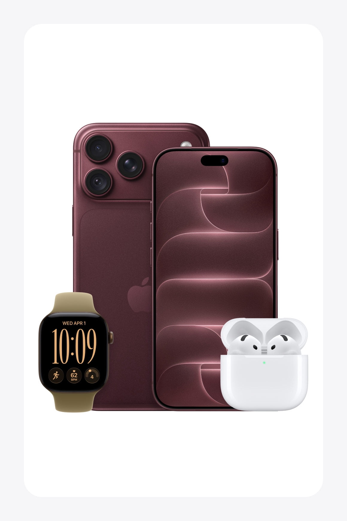 Apple smartphone, smartwatch showing WED APR three and ten zero nine, and wireless earbuds in charging case.