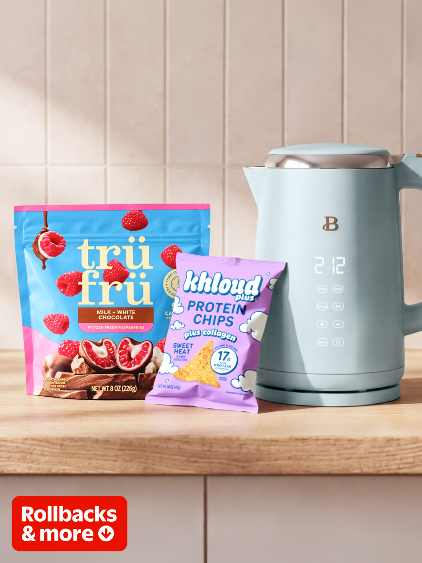 Rollbacks and more badge. Tru Fru frozen chocolate strawberries and Khloud protein chips beside an electric kettle showing 212.