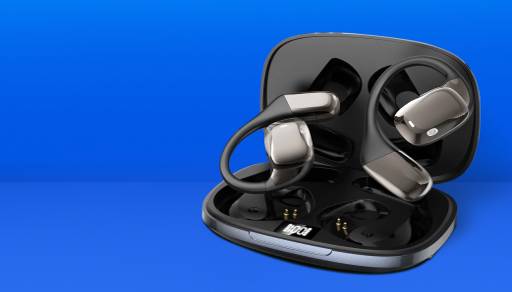 A pair of black wireless earbuds with earhooks are in a charging case.